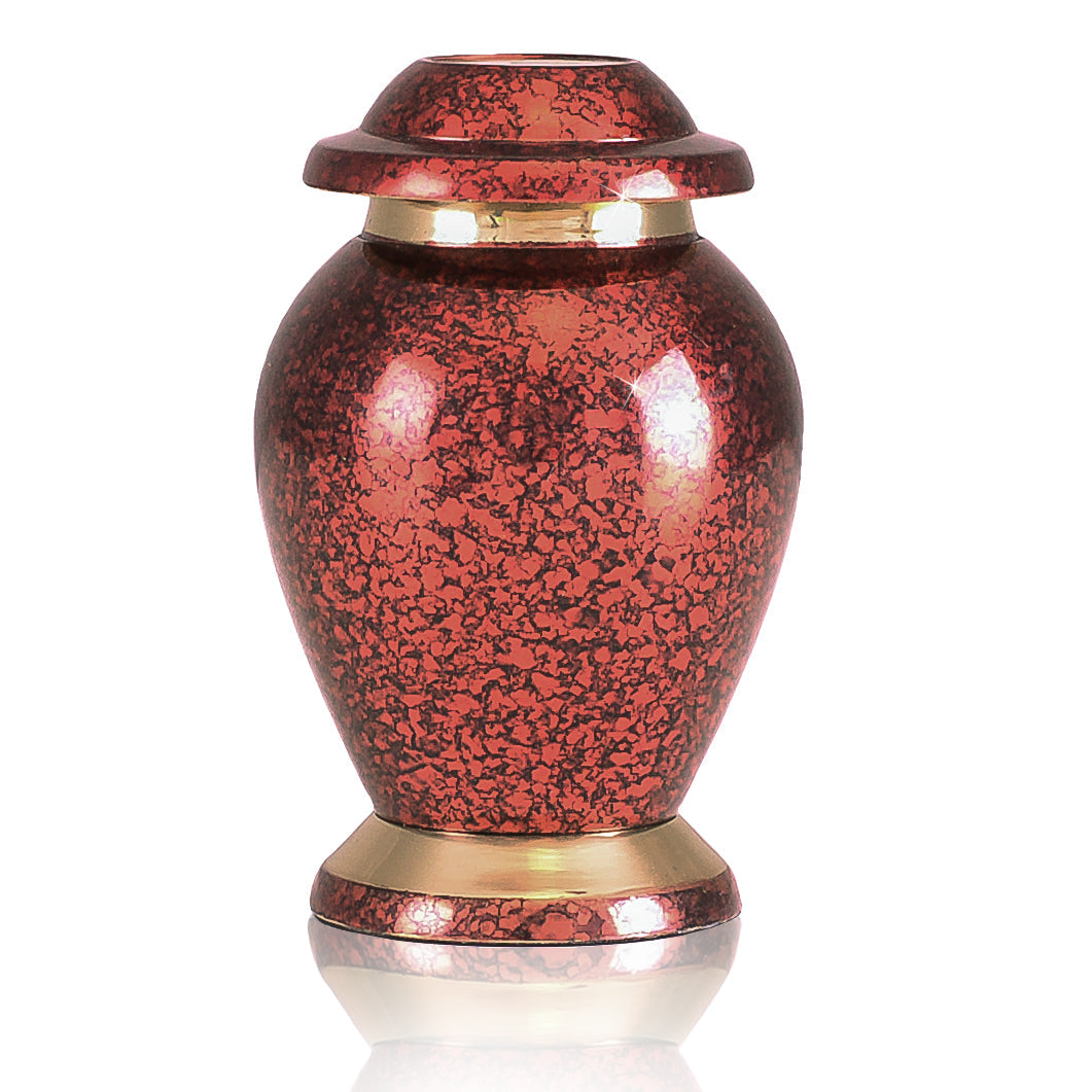 Glossy deep red brass keepsake urn with rounded shoulder and narrow threaded neck