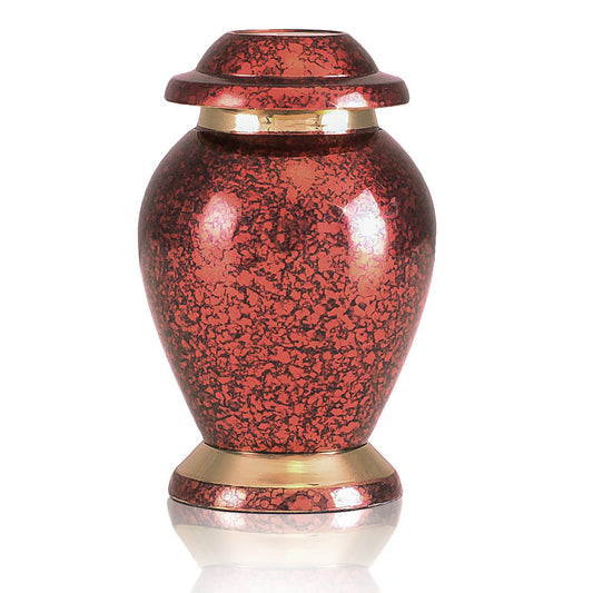 Glossy deep red brass keepsake urn with rounded shoulder and narrow threaded neck