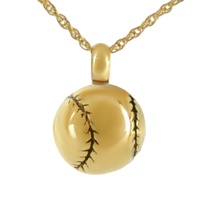 Gold plated steel pendant shaped like a baseball with raised stitching, on a chain