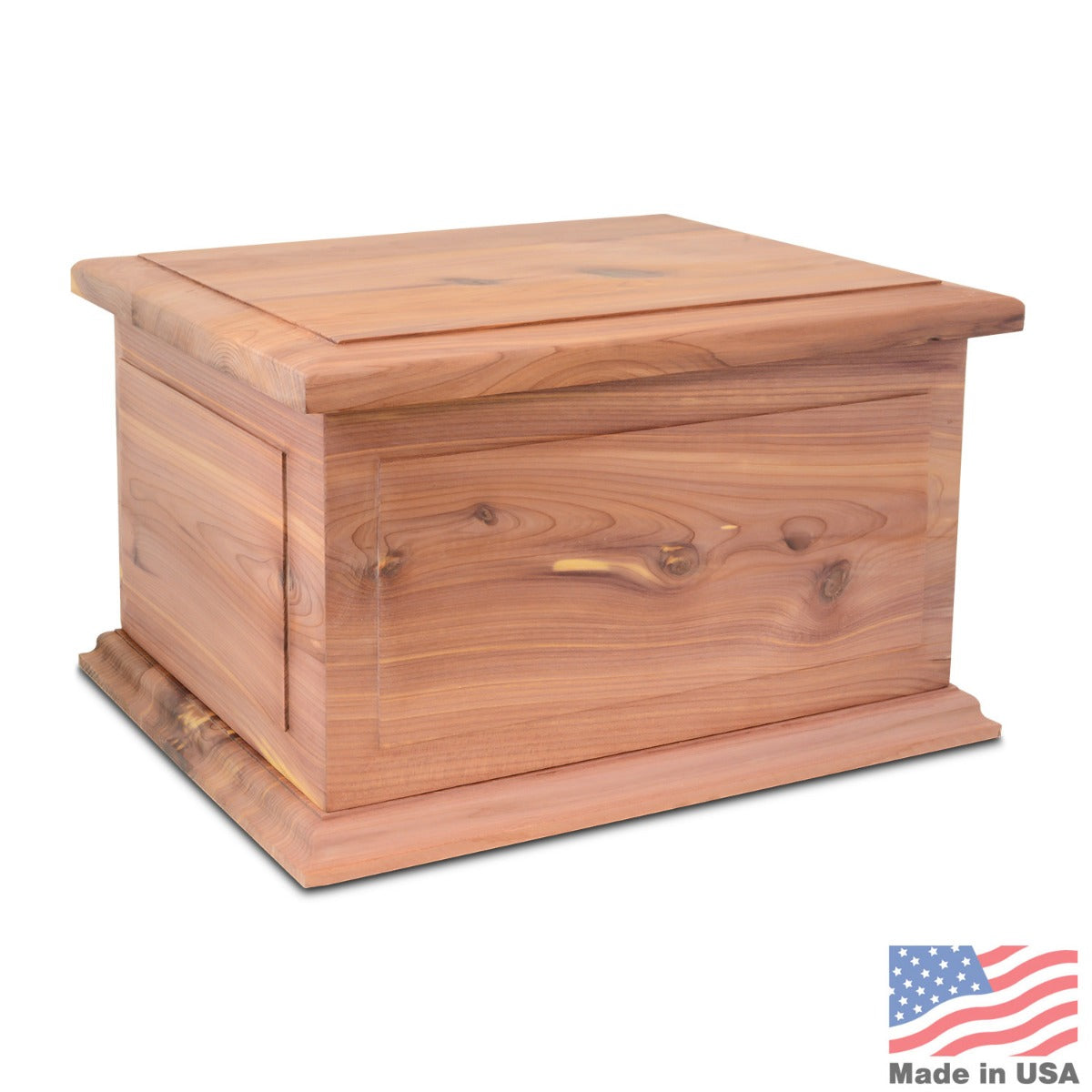 Cedar wood companion cremation urn, twelve inches wide, with visible grain and flat lid