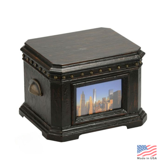 Flat wooden memory box urn with a lift-off top lid and squared corners