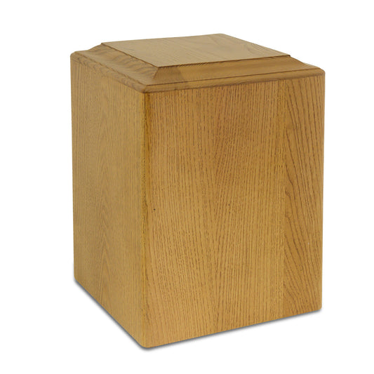 Plain upright wooden cremation urn with visible grain, fitted lid and no decoration