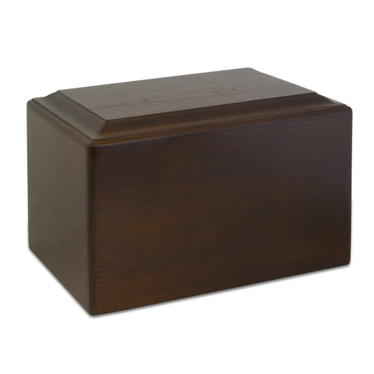 Rectangular dark stained wood cremation urn with a plain flush lid and no carving