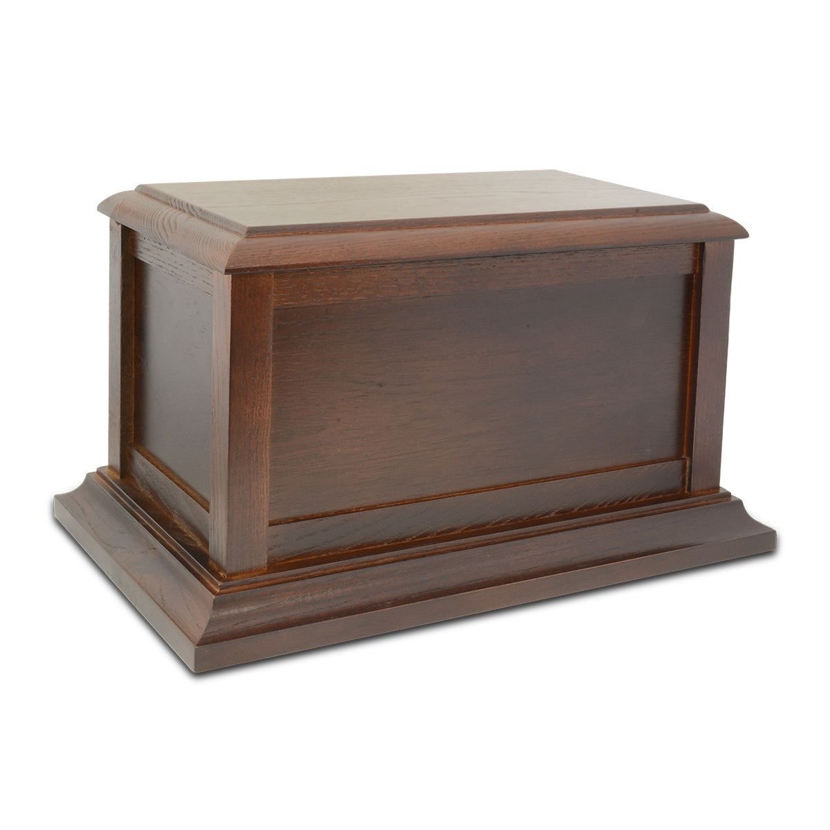 Dark-stained wooden cremation urn, wide chest shape with a fitted lid and satin finish