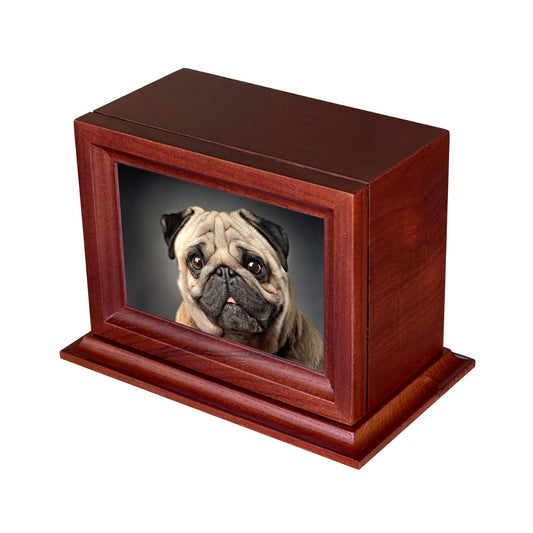 Rectangular wood pet urn eight inches long with a fitted lid and warm brown grain