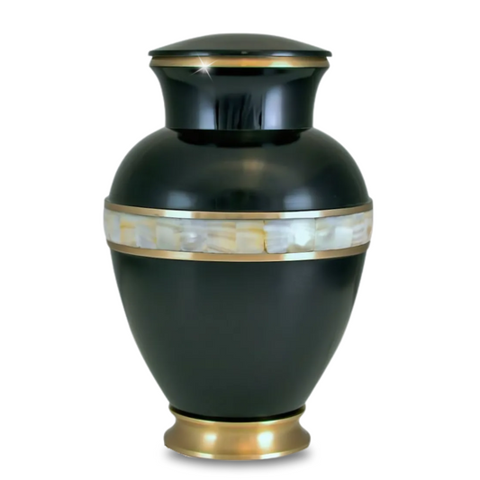 Brass cremation urn inlaid with dark grey and black mother of pearl shell