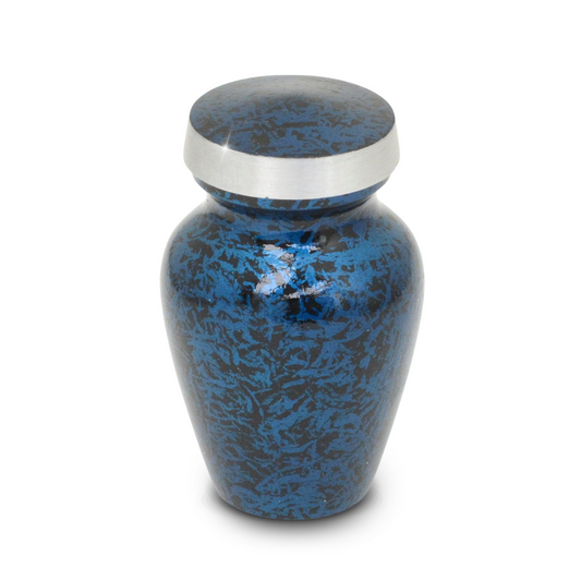 Pale blue marbled pewter-finish keepsake urn with a swirled stone-like surface