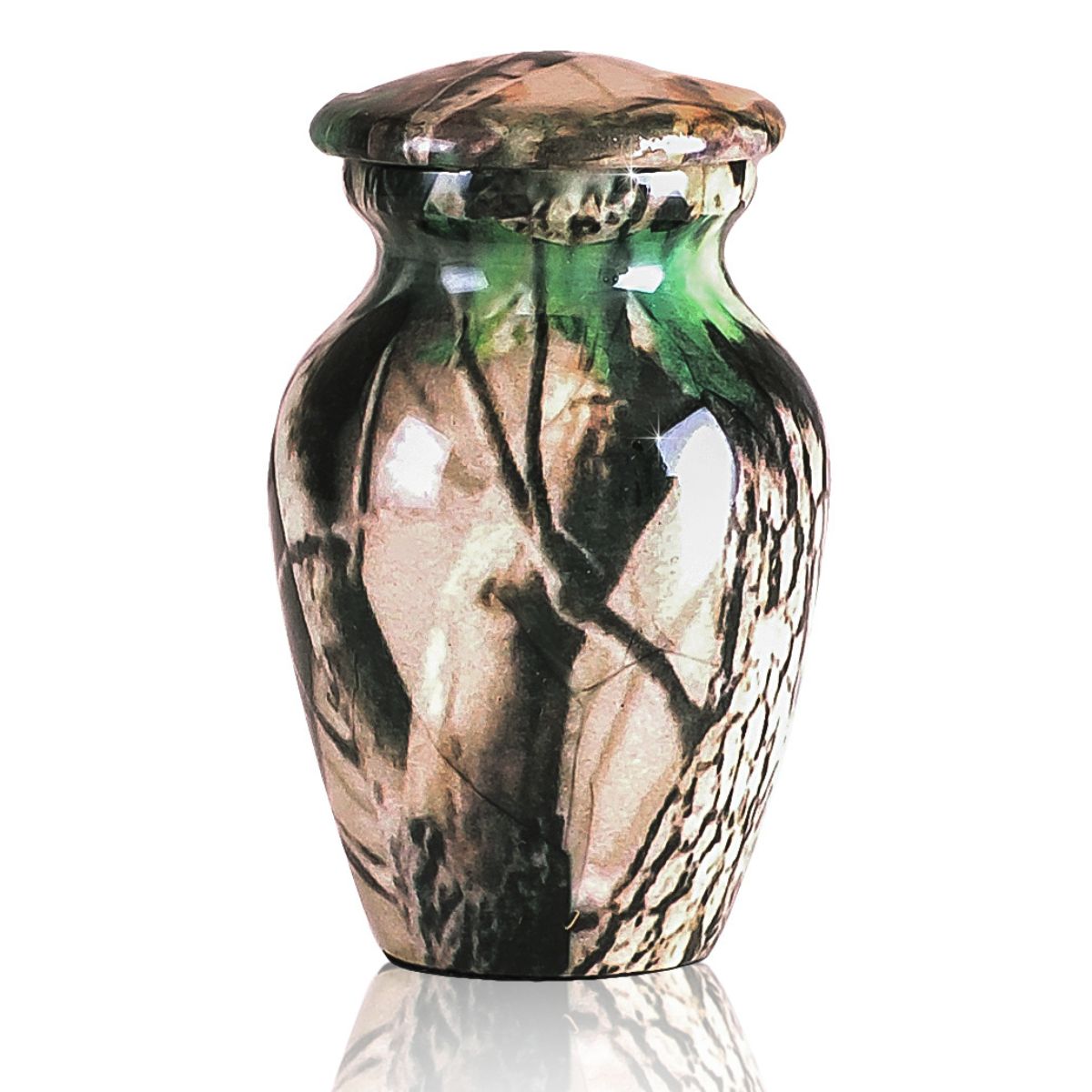 Brass keepsake urn finished in a green and brown camouflage pattern with a rounded lid