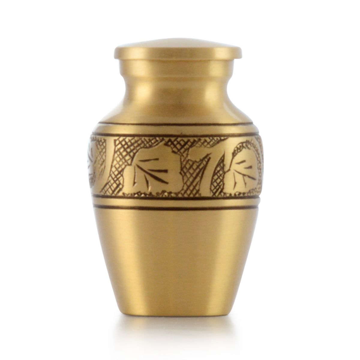 Narrow polished brass keepsake urn with raised trailing vine detail on the front
