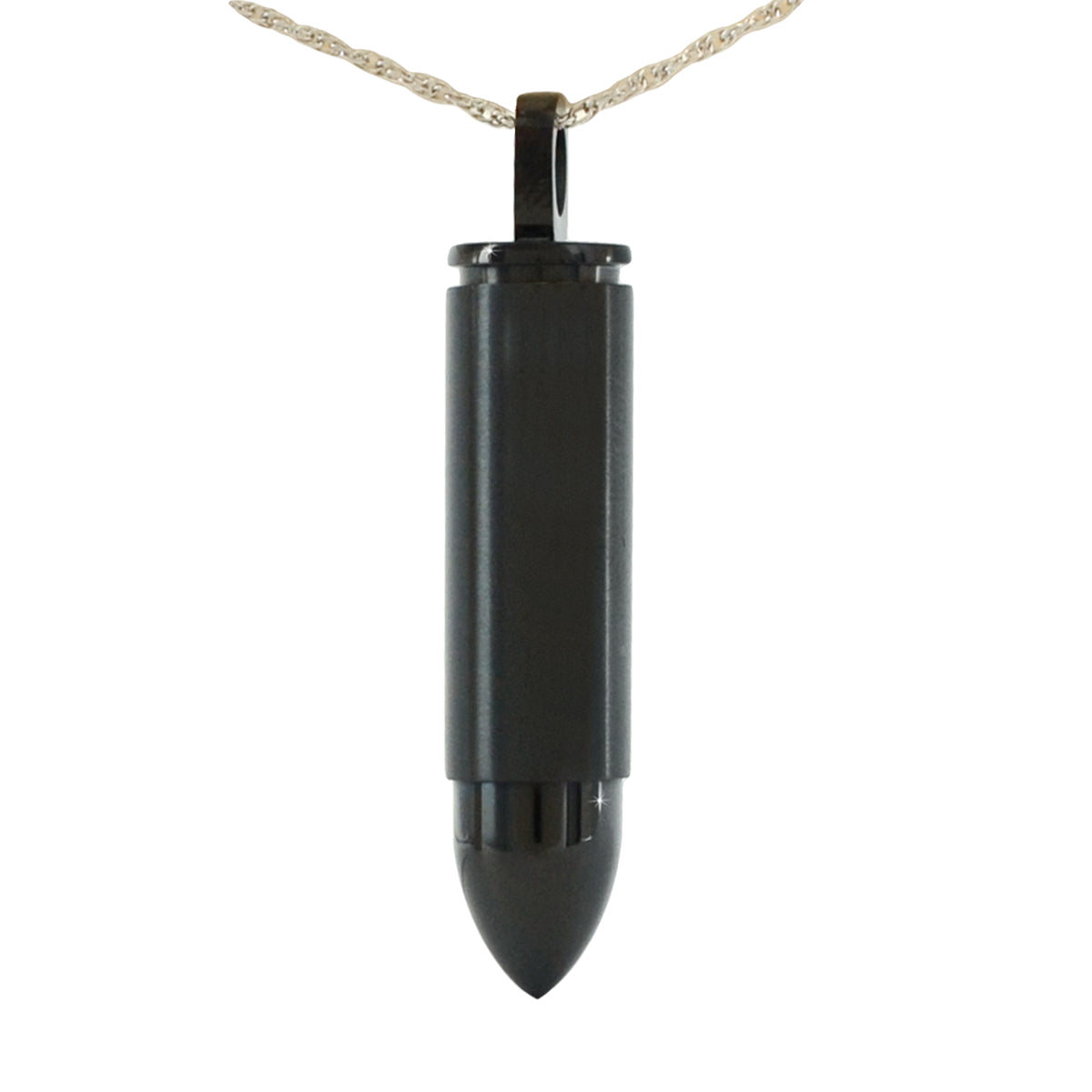 Black coated stainless steel bullet pendant hanging point down from a steel chain
