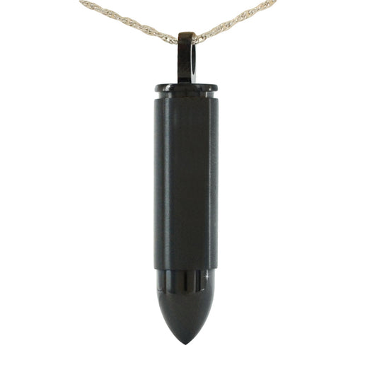 Black coated stainless steel bullet pendant hanging point down from a steel chain
