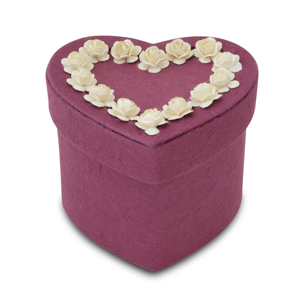 Heart-shaped burgundy molded paper pet urn with a deep red matte surface