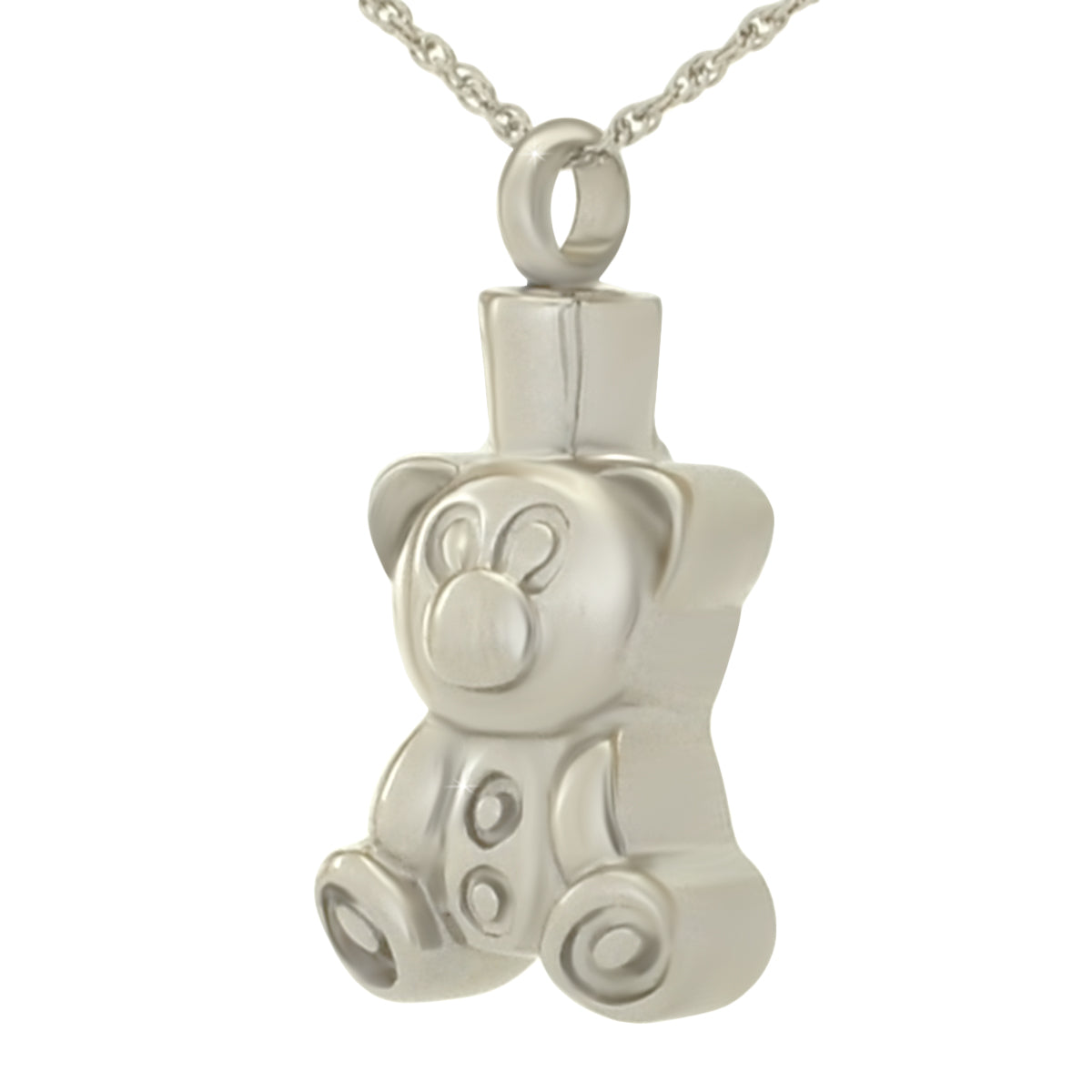 Polished stainless steel teddy bear pendant with rounded ears and short arms held out