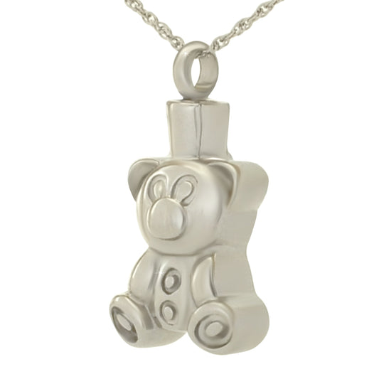 Polished stainless steel teddy bear pendant with rounded ears and short arms held out
