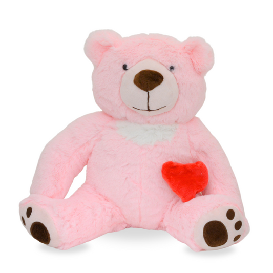 Pink plush teddy bear keepsake urn sitting upright with a concealed opening at the back