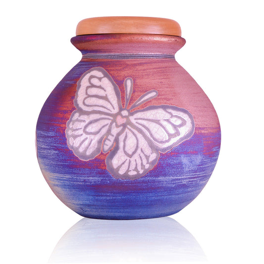 Ceramic Raku urn with butterfly motif over a crackled copper and blue-green glaze