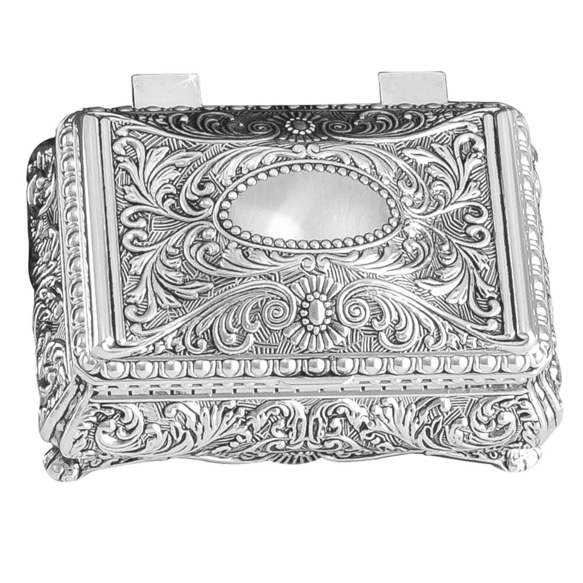 Small ornate keepsake urn with detailed raised patterning across a low oval body