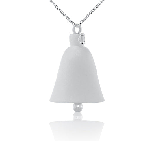 Small silver bell ornament with a hanging loop and a polished, unadorned surface
