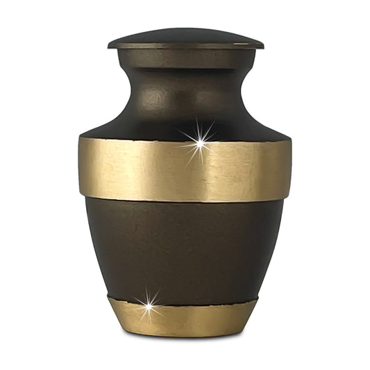 Brown and copper toned brass keepsake urn, narrow and upright, with a threaded top