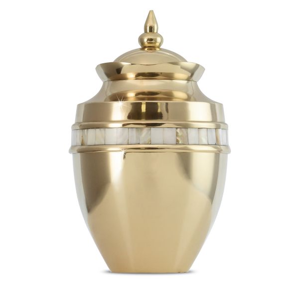 Brass cremation urn with iridescent mother-of-pearl inlay across the body and domed lid