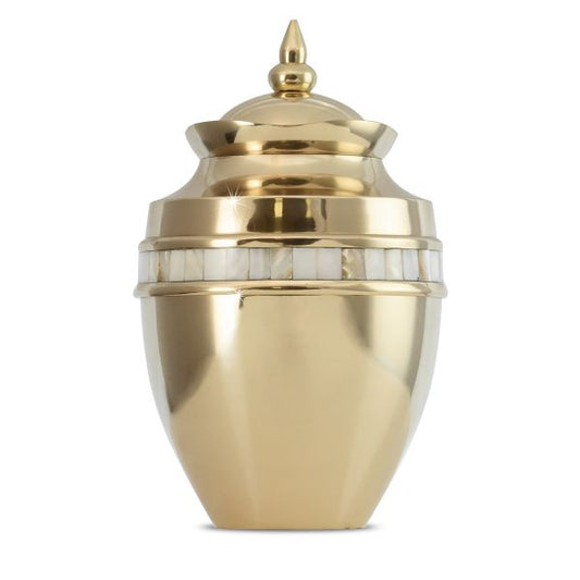 Brass cremation urn with iridescent mother-of-pearl inlay across the body and domed lid