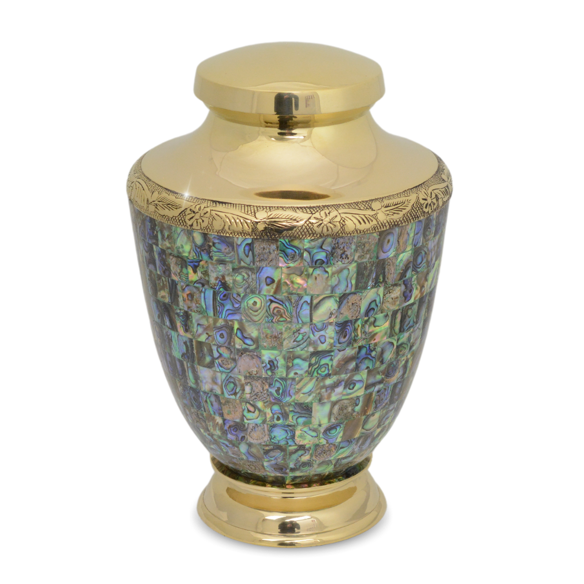 Brass cremation urn inlaid with iridescent abalone shell in green, blue and pink