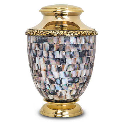 Brass cremation urn with roses inlaid in pale iridescent mother of pearl