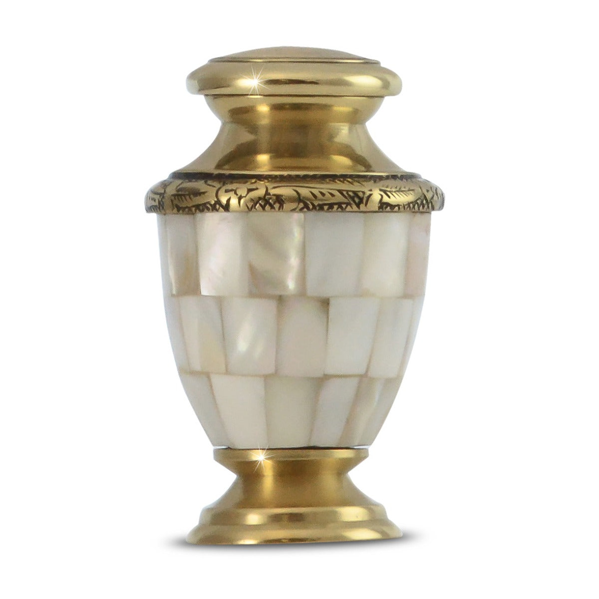 Small brass keepsake urn with iridescent mother-of-pearl inlay panels and a domed lid
