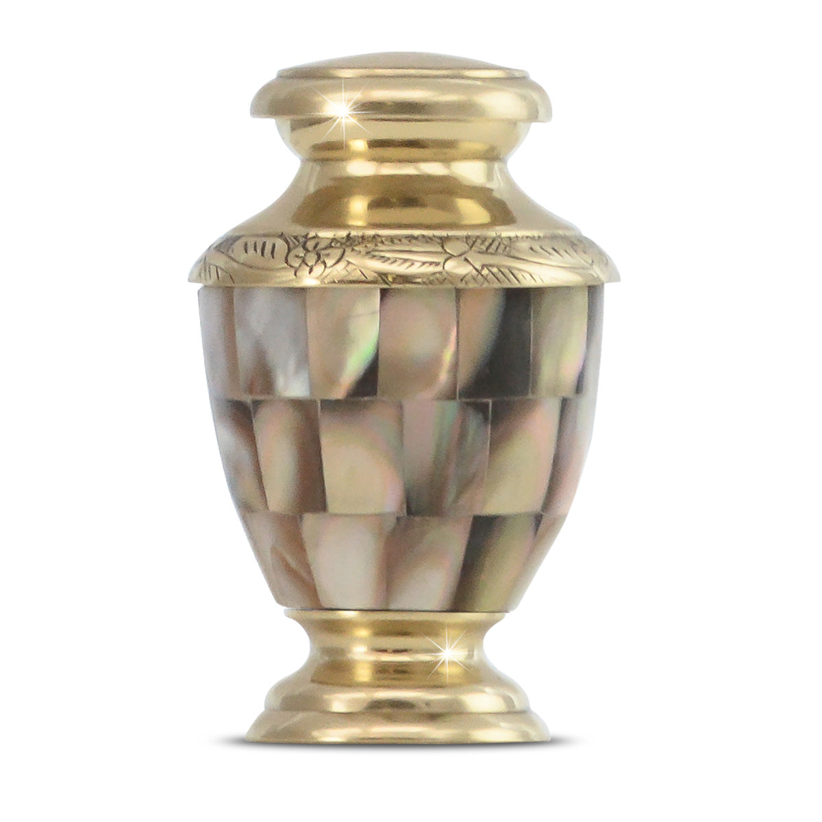 Brass keepsake urn with pale mother-of-pearl inlay panels and a rose on the front