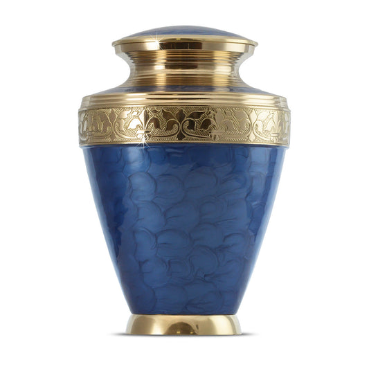 Blue enamelled brass cremation urn with hand-painted white and gold flowers on the body