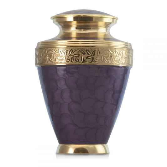 Deep purple brass cremation urn with hand-painted floral band and gold rim and foot