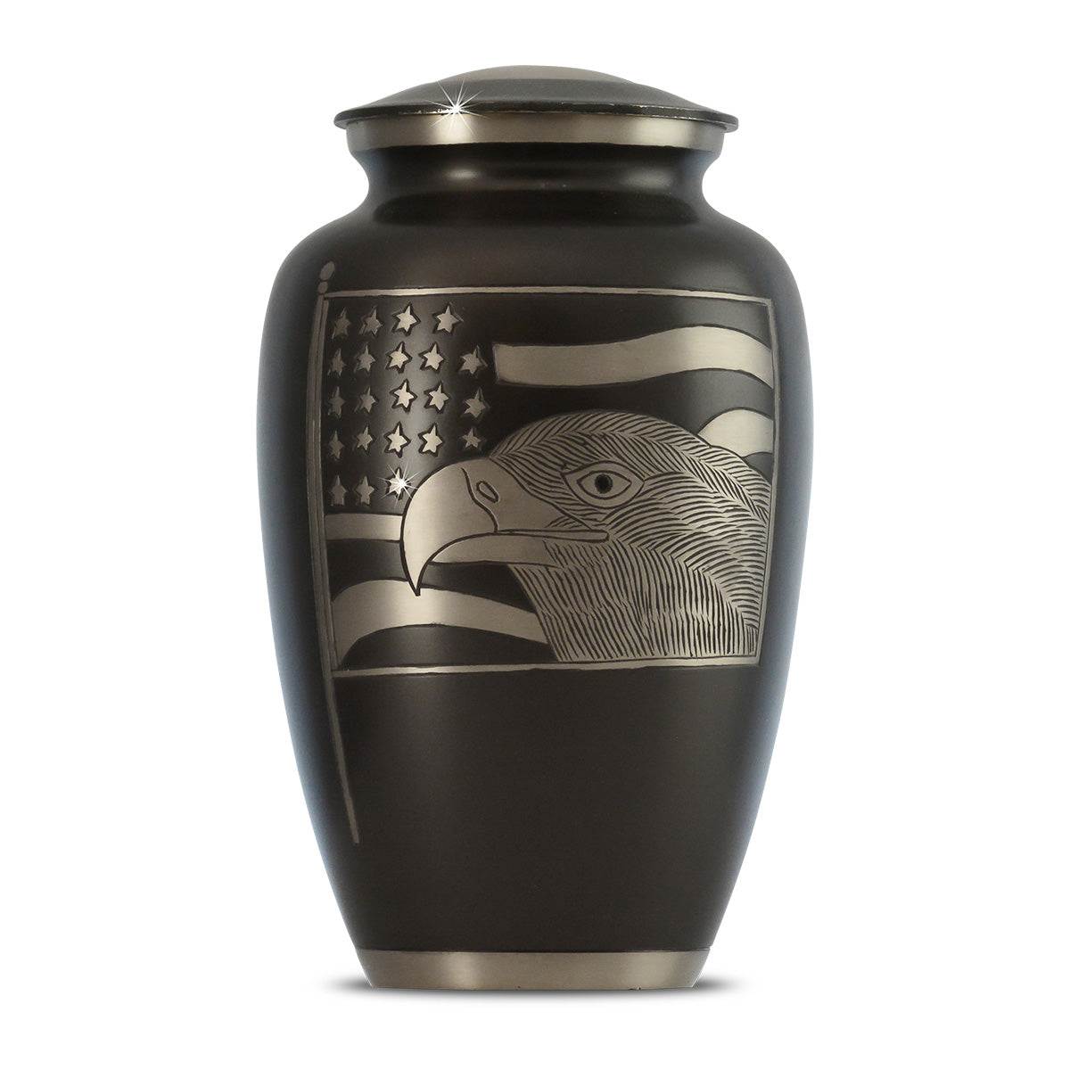Brass cremation urn with a bald eagle and American flag motif on the front