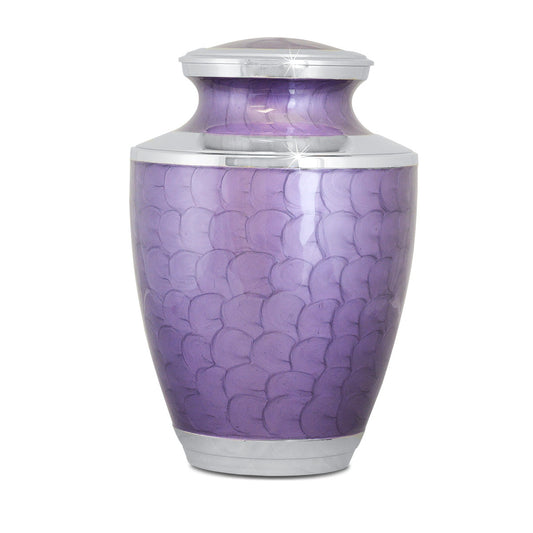 Purple finished brass cremation urn with a smooth unpatterned body and rounded lid
