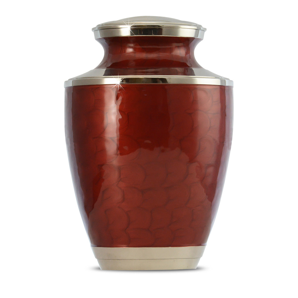 Brass cremation urn in a deep red finish with a plain undecorated body