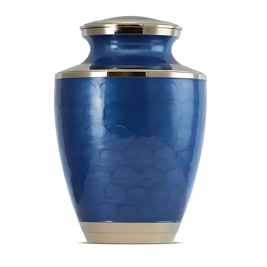 Blue brass cremation urn with a plain unadorned body and a threaded lid