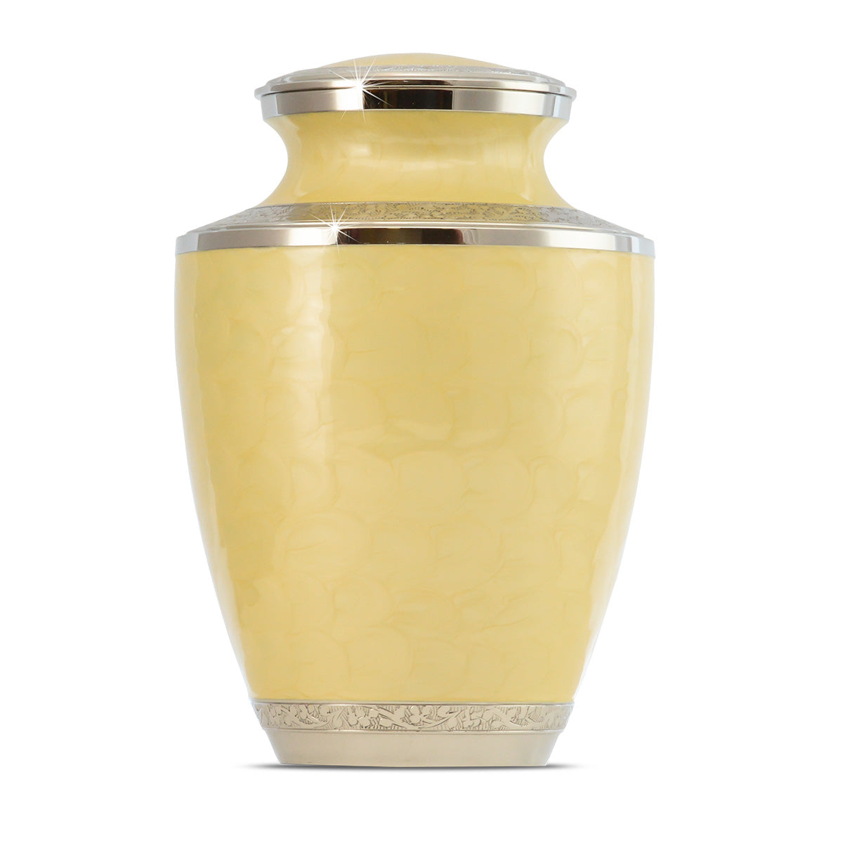 Brass cremation urn with a band of small yellow flowers running around the shoulder