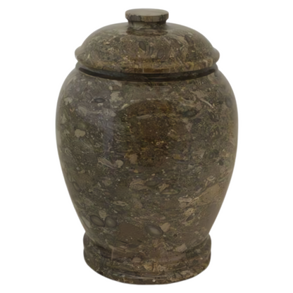 Stone cremation urn banded in sand, ochre and brown tones with a plain lid