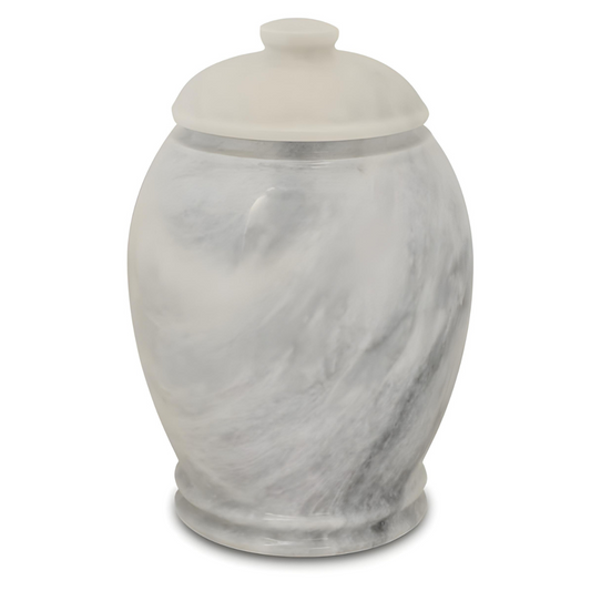 Neutral gray stone cremation urn with a softly mottled surface and plain lid