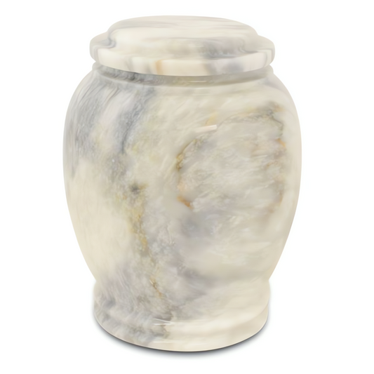 Tall terracotta and sand toned stone cremation urn with a rounded body and lift-off lid