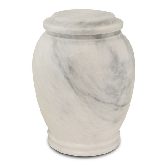 Grey natural stone cremation urn with visible mottling and a plain rounded lid