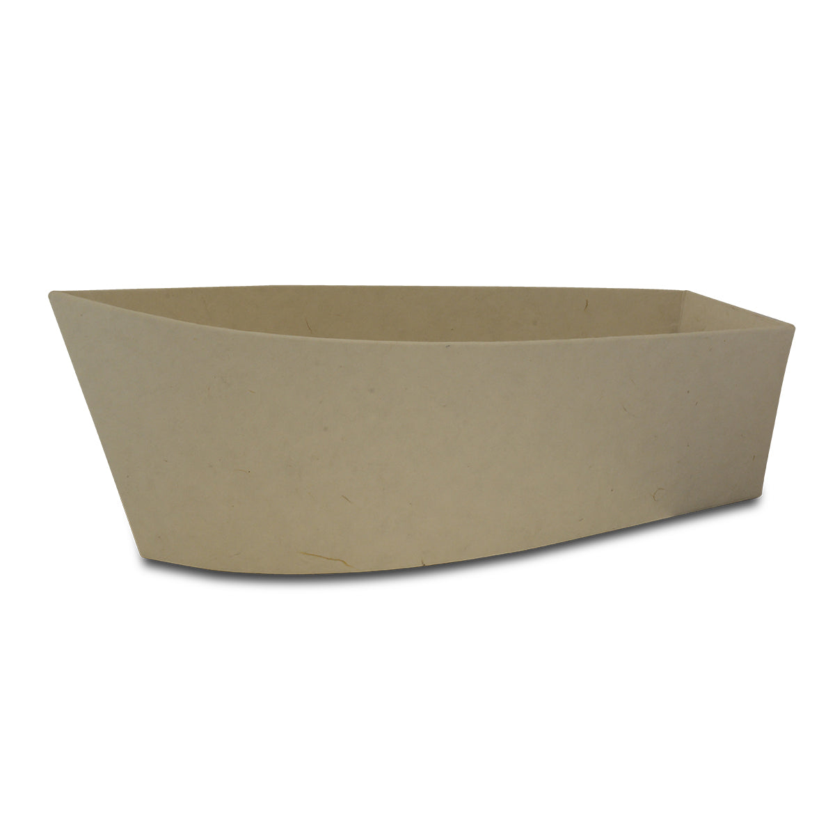 Boat-shaped biodegradable water burial urn in sand-colored textured paper fiber
