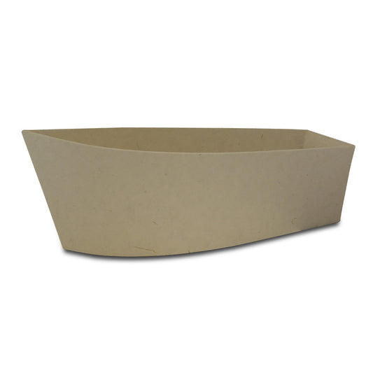 Boat-shaped biodegradable water burial urn in sand-colored textured paper fiber