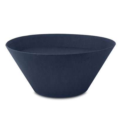 Blue biodegradable pressed paper cremation urn, seven inches tall with a plain rounded body