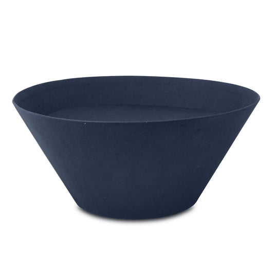 Blue biodegradable pressed paper cremation urn, seven inches tall with a plain rounded body