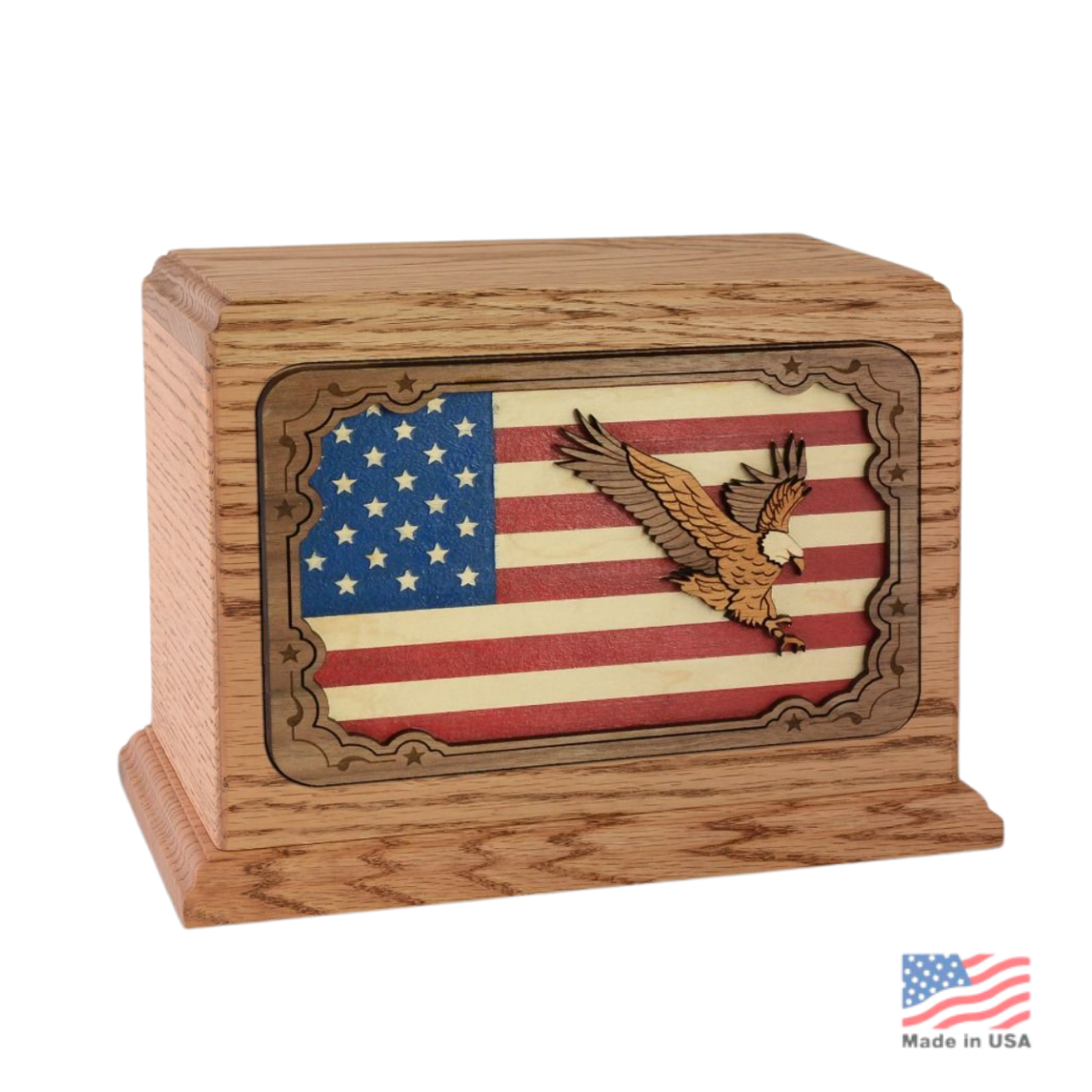 Wood cremation urn carved with a raised bald eagle and American flag in relief