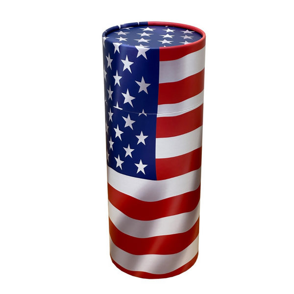 Cylindrical scattering tube wrapped in a United States flag design with a lift-off top