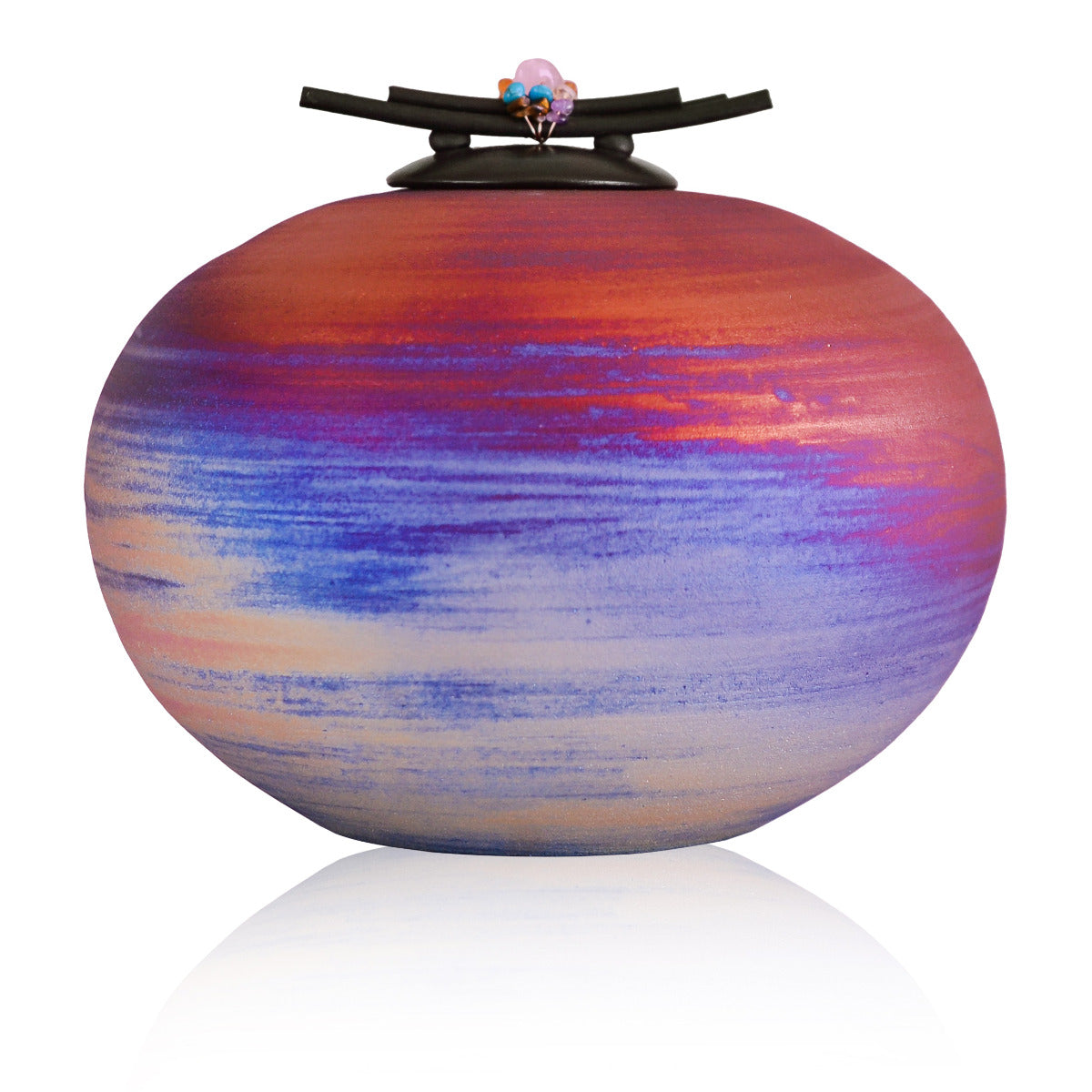 Earth-toned raku ceramic cremation urn with a crackled glaze and a removable top lid