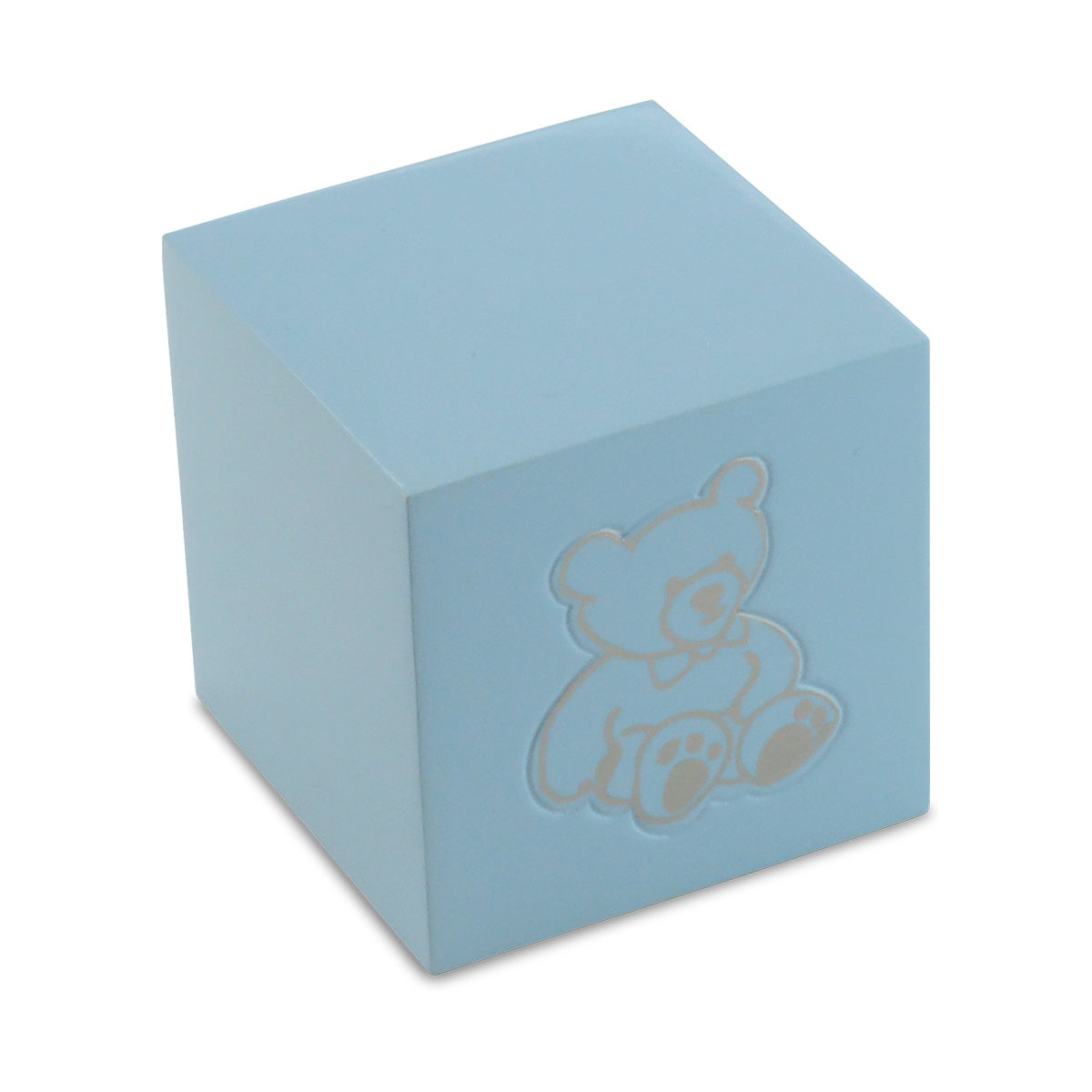 Blue metal cube urn for an infant with a small teddy bear design on the front