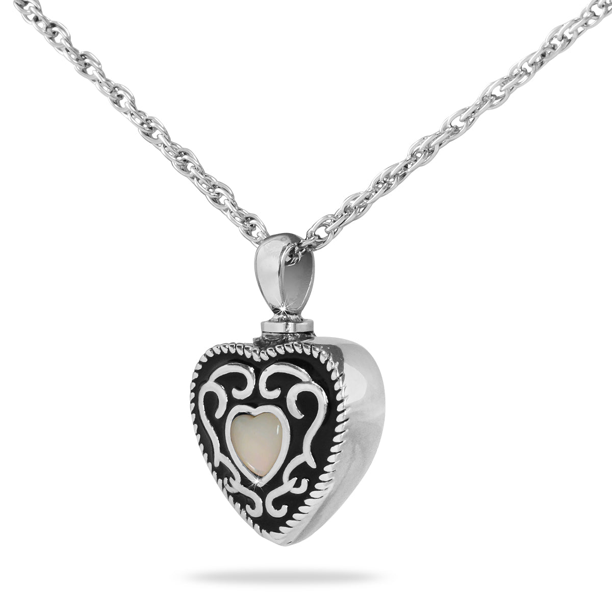 Stainless steel heart pendant with a white front panel and a bright polished edge
