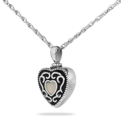 Stainless steel heart pendant with a white front panel and a bright polished edge